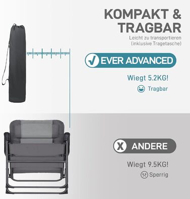 Крісло для кемпінгу Ever Advanced: регульована спинка, 160 кг, з кишенею та тримачем для напоїв, для риболовлі, кемпінгу, саду, балкону