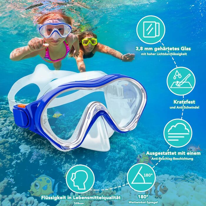 Набір для снорклінгу для дітей з ластами, маска з панорамою 180° та сухим снорклом, блакитний