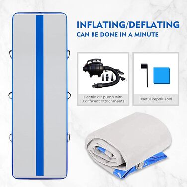 Надувний гімнастичний мат Tuxedo Sailor Airtrack: 2M/3M/4M, 10см, надувна, з електронасосом, для дому/залу/черепісток/йоги, блакитна 300 x 100 x 10 см