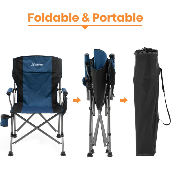 XGEAR Складний стілець, туристичний, для відпочинку на природі, з підлокітником та кишенькою, для риболовлі, фестивалів, пікніків (блакитний)