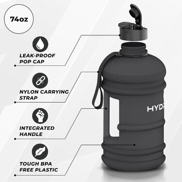 Фляга для води HYDRATE XL 2,2 л - Ідеальна для спортзалу, спорту та подорожей, без витоку, BPA-free, надміцна, фляга для тренувань або джумбо-фляга (Матова Чорна, 2188 мл)