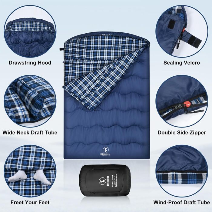 Спальний мішок Baumwolle для двох дорослих, зимовий, водонепроникний, теплий, Queen Size, для кемпінгу та подорожей на автодомі (Блакитний)