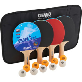 Набір для настільного тенісу GEWO Fun – одиночні або комплекти (1-4 ракетки, м'ячі, сумка, сітка) – для початківців, хобі та відпочинку – гума Noppen, конвексна ручка. 4 ракетки + 10 м'ячів + сумка
