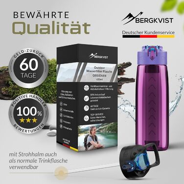 Фільтрована пляшка для води BERGKVIST OBSIDIAN 650 мл з компасом, рожева – туристична фляга з фільтром для очищення питної води, для кемпінгу, виживання, подорожей