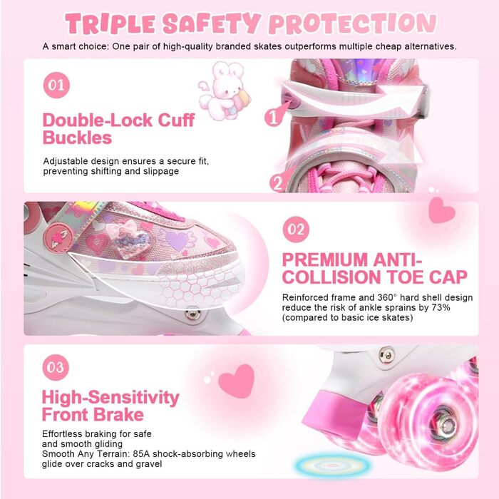 Роликові ковзани для дівчаток Rollkate Kid з блискучими сердечками та світлодіодами, регульовані 4 рази, ідеальні для початківців, подарунок на день народження або Різдво (рожеві)