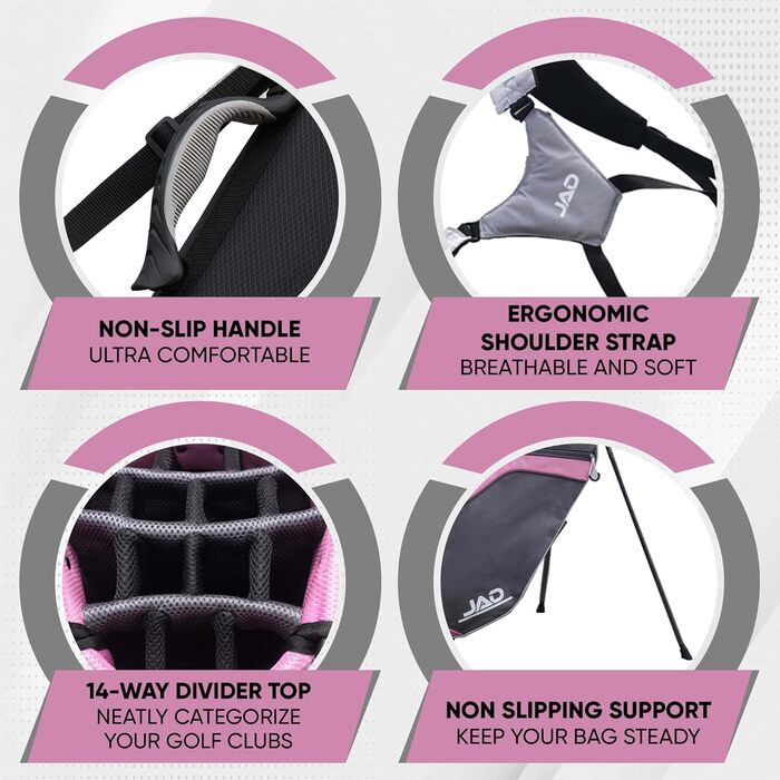 Сумка для гольфу JAD PRO Golf Premium Stand Bag для чоловіків та жінок, 14 відділень, легка, водостійка, рожева/сіра