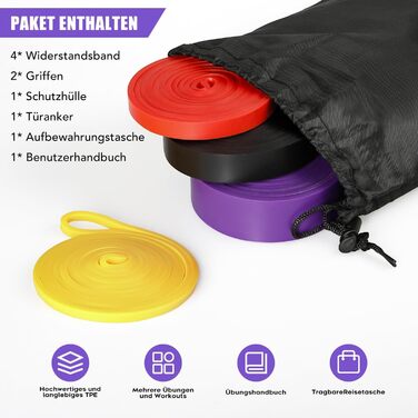 Набір еластичних стрічок для фітнесу з 4 рівнями опору, Resistance Bands Set з ручками, фіксатором для дверей, чохлом, сумкою та інструкцією. Ідеально для фітнесу, розтяжки та йоги.