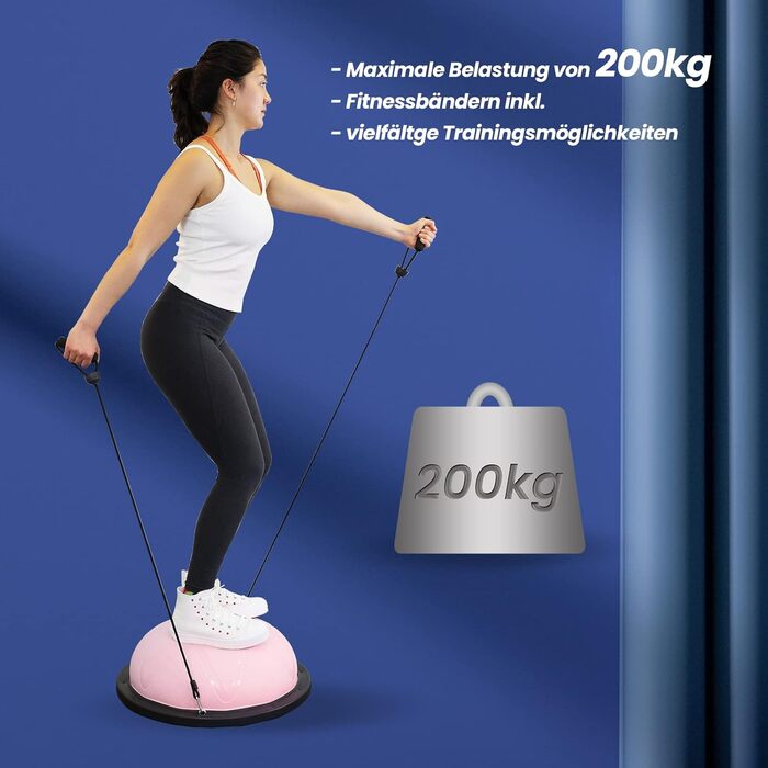 Балансувальний м'яч DH FitLife для йоги, напівсфера 60×22 см, до 200 кг, з насосом і 2 фітнес-резинками, рожевий
