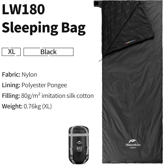 Спальний мішок Naturehike Ultraleicht: ультралегкий, компактний, для 3 сезонів, 190x75/205x85 см, вага 680/760 г, для походів, кемпінгу, рюкзаків, чорний, XL
