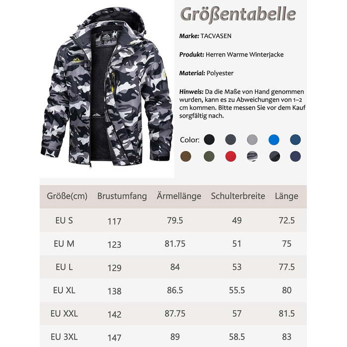 TACVASEN чоловіча тепла зимова куртка, водонепроникна функціональна куртка з капюшоном, армійний зелений (3XL, чорний камуфляж)