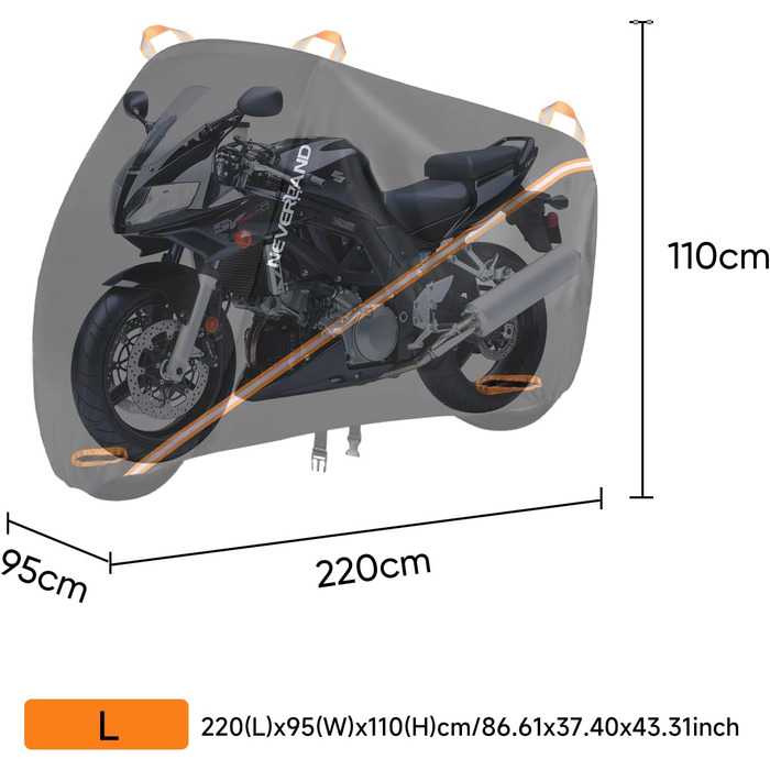 Захисний чохол для мотоцикла NEVERAND - гараж для мотоцикла з сітчастими отворами, водовідштовхувальний, сонцезахисний, 210D Oxford, 220*95*110 см (Чорний+Оранжевий, L)