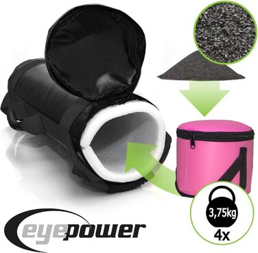 Мішок для тренувань EYEPOWER 15 кг з 4 гантелями (заповнений піском) - 6 ручок, для дому, фітнес, тренування пресу та спини, чорний 18x50 см