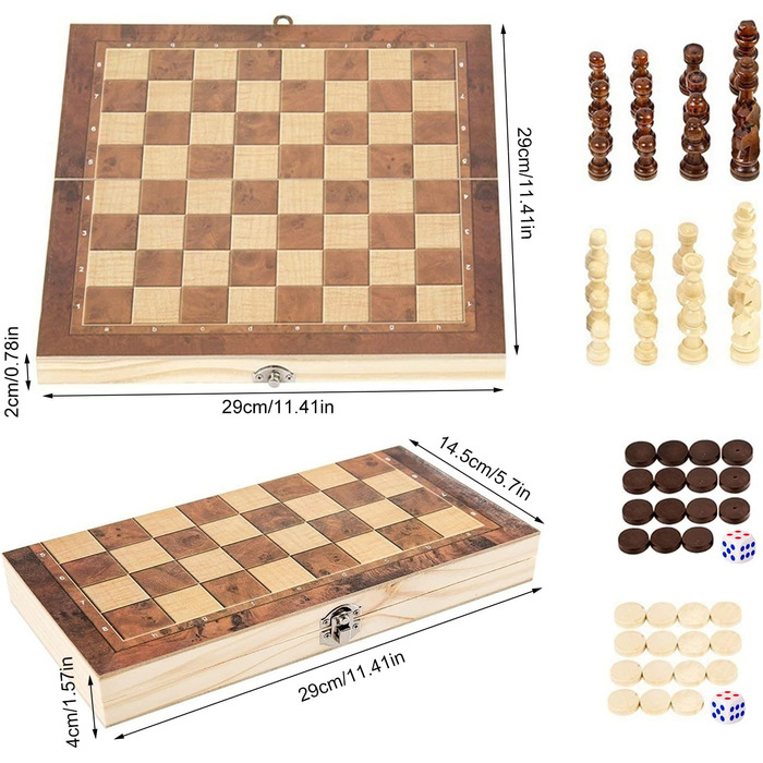Шаховий набір дерев'яний 3 в 1, складаний, міжнародні шахи, для подорожей, вечірок, сім'ї, дітей та дорослих (29x29 см)