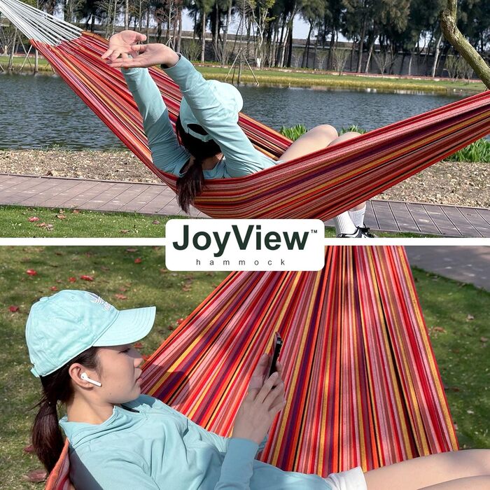 Гамак подвійний бразильський JoyView 220x150 см, бавовна, смугастий зелено-жовтий, до 204 кг, для тераси, саду, балкона