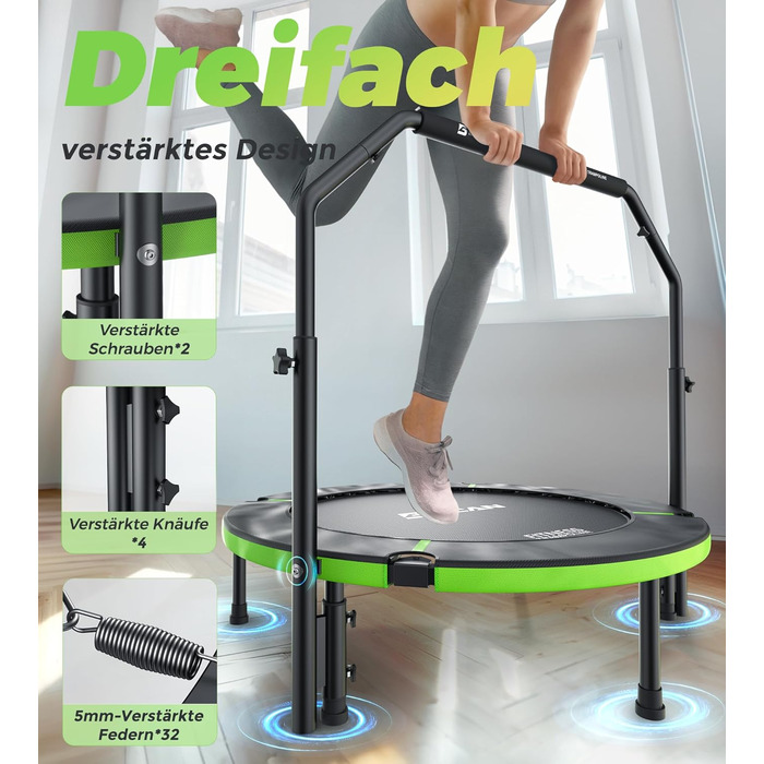 Трамплін для дому BCAN Fitness: діаметр 102/122/130 см, пружинний/з еластичним тросом, для дорослих до 250 кг, з регульованими ручками, тихий та з низькою вібрацією, зелений