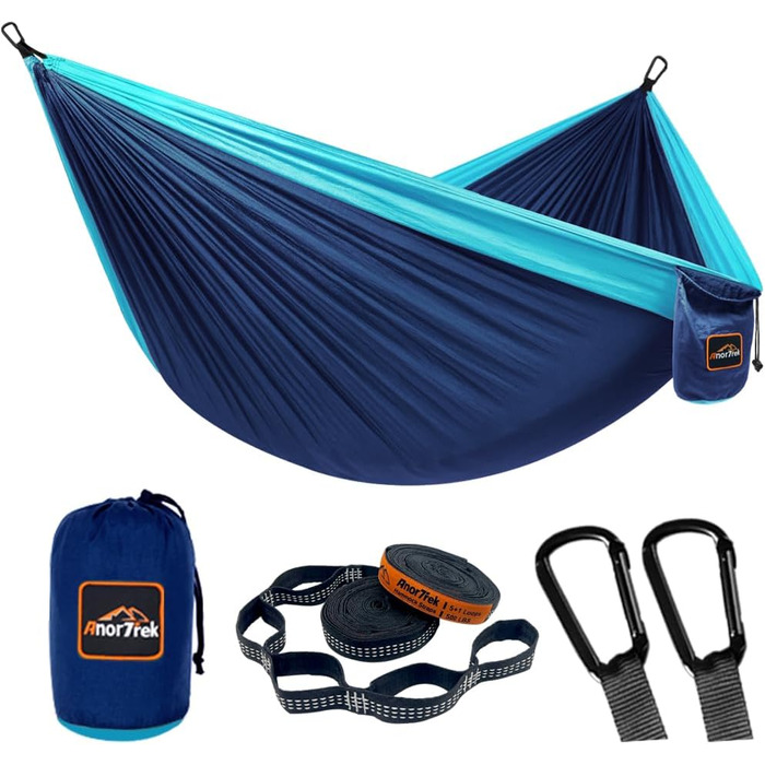 Гамак для кемпінгу AnorTrek, легкий, туристичний, з двома стропами, 280 x 140 см, блакитний/темно-синій