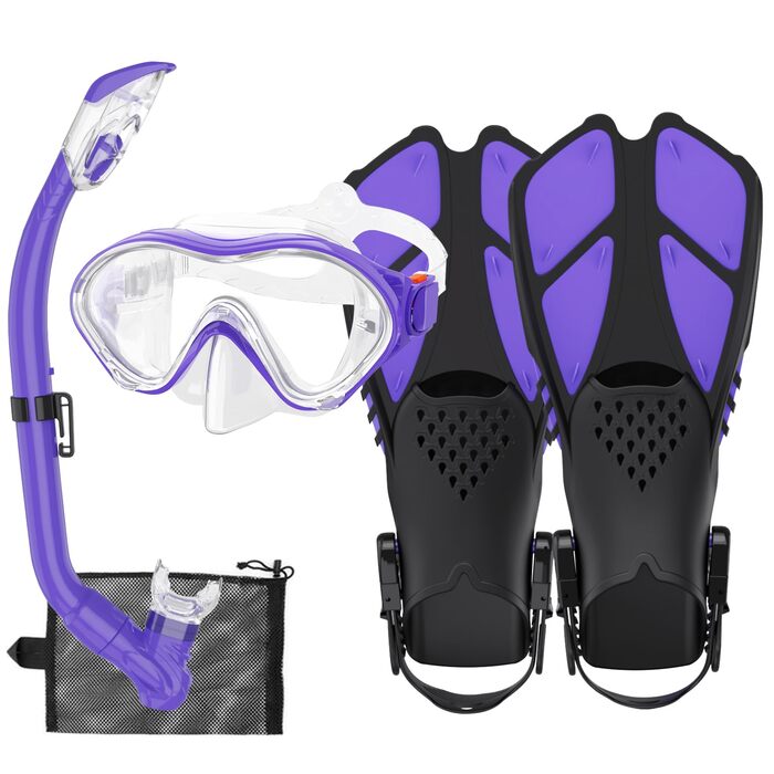 Набір для снорклінгу для дітей з ластами, маска з панорамним оглядом 180°, регульовані ласти, високоякісна маска та сухий снорклінг для плавання (фіолетовий)