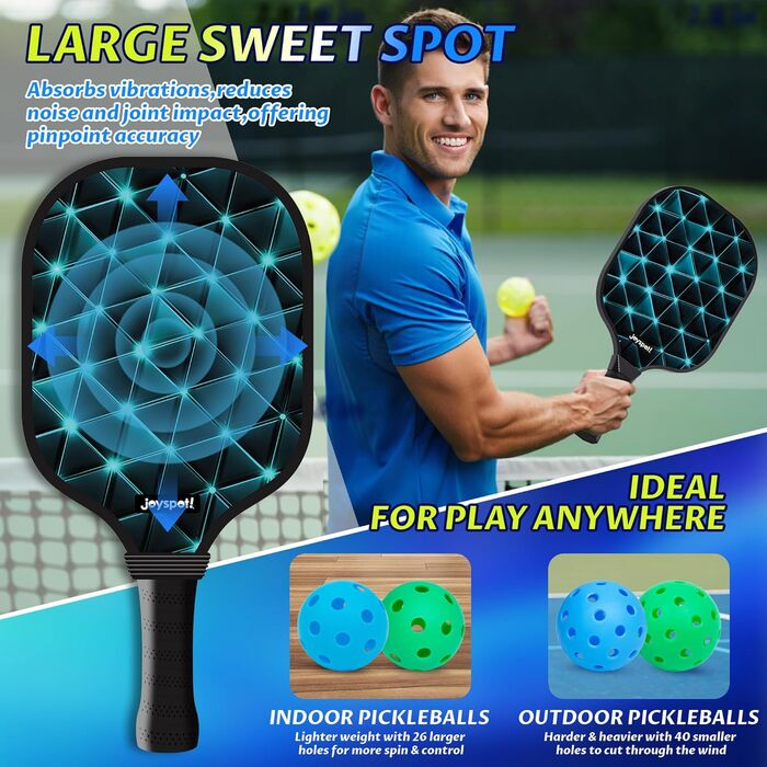 Набір для піклболу JOY SPOT 2 шт. з 4 м'ячами та сумкою – легкі ракетки з фібергласовою поверхнею для чоловіків, жінок та початківців – ідеально для гри в приміщенні та на вулиці