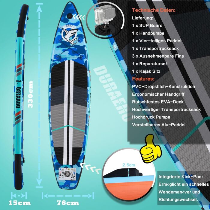 Надувне SUP-борд (Stand Up Paddle Board) з кріпленням для камери, 330x76x15 см, до 150 кг, насос, рюкзак (камуфляж, синій)