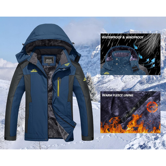 Зимова куртка KEFITEVD для чоловіків: водонепроникна, тепла, з підкладкою, для катання на лижах, спортивна, вітронепроникна, дихаюча, функціональна куртка з відстібаною капюшоном, XL, блакитна