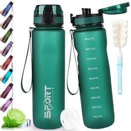 Спортивна пляшка для води 1л, витокозахисна, без BPA, з мірною шкалою, смарагдово-зелена