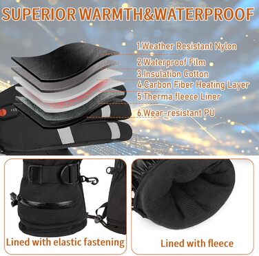 Електричні гріючі рукавички для чоловіків та жінок, 7.4V 5000mAh/6000mAh, сенсорний екран, 3 режими, 45/50/55°C, антиковзкі, для катання на велосипеді, лижах, кемпінгу (чорний, 6000mAh)