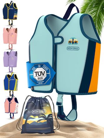 Дитячий жилет для плавання KIDVERSE - Переможець тестувань & Перевірено TÜV, плавальна допомога для дітей від 2 років з регульованою плавучістю - Сертифіковано CE, з м'якого преміум-неопрену, блакитний, L