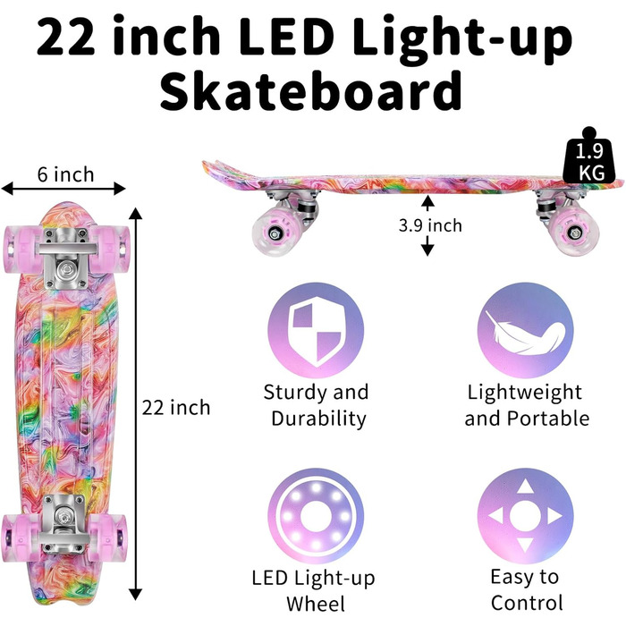 Скейтборд BELEEV 22 дюйми Mini Cruiser з LED-колесами та T-інструментом для початківців (графіті)