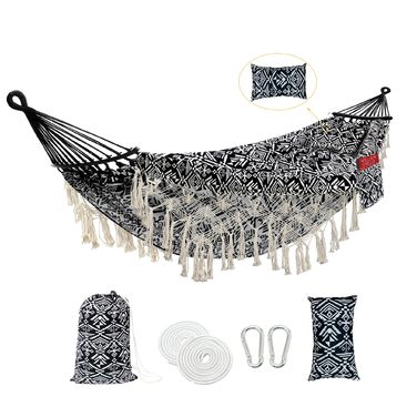 Гамак для двох Boho з макраме бахромою, білий (чорно-білий), бавовняний, портативний, до 227 кг