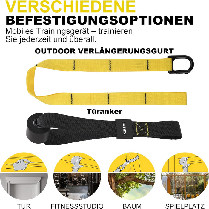 Слінг-тренажер для дому: комплект для тренувань всього тіла з кріпленням до дверей, регульованими ременями, ручками та сумкою – фітнес-обладнання для дому, жовтий