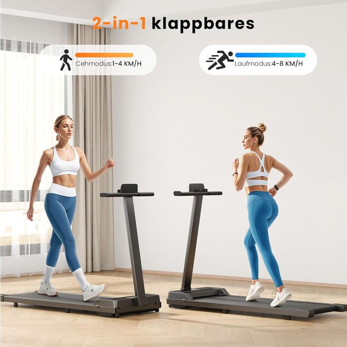 Бігова доріжка для дому Laufband, компактна, 1-8 км/год, складана, LED-дисплей, сумісна з додатком, тиха, з амортизацією, для офісу та дому
