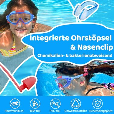 Дитячі окуляри для плавання Vvinca з носовими затискачами, широким оглядом, захистом від запотівання та UV-фільтром, водонепроникні, для дітей 3-14 років (2 шт. - блакитно-червоний та блакитно-жовтий)