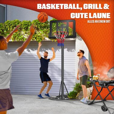 Курка баскетбольна KESSER® Outdoor зі стійкою та колесами. В комплекті 2 сітки, м'яч та насос. Регульована висота 230-305 см. Чорний колір. Підходить для дорослих та дітей.