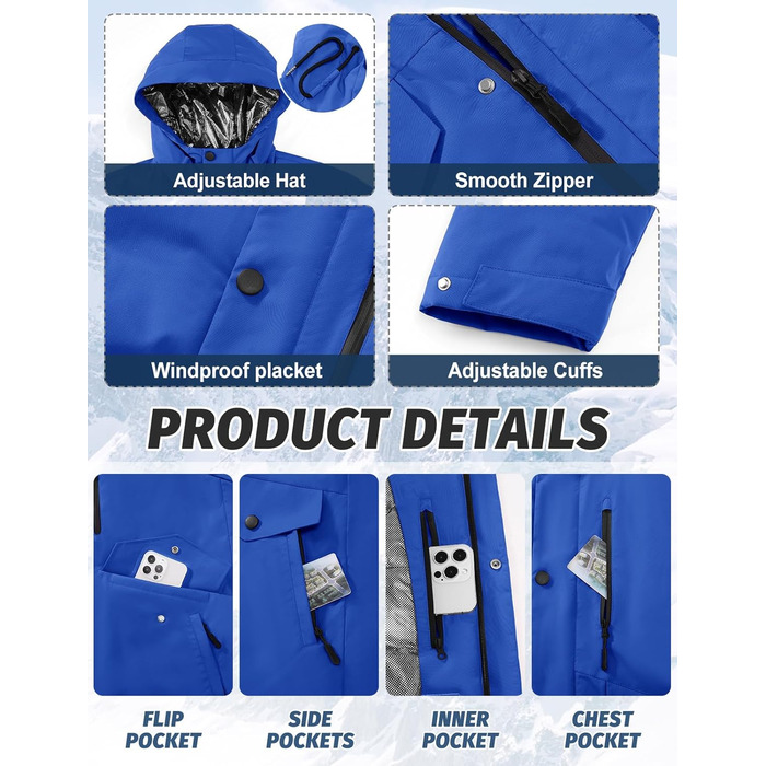 Водонепроникна зимова куртка Voqeen для чоловіків, тепла сноуборд куртка з капюшоном, вітрозахисна, для активного відпочинку, з термо-функціональною підкладкою, для походів та катання на сноуборді (Блакитний, XL)