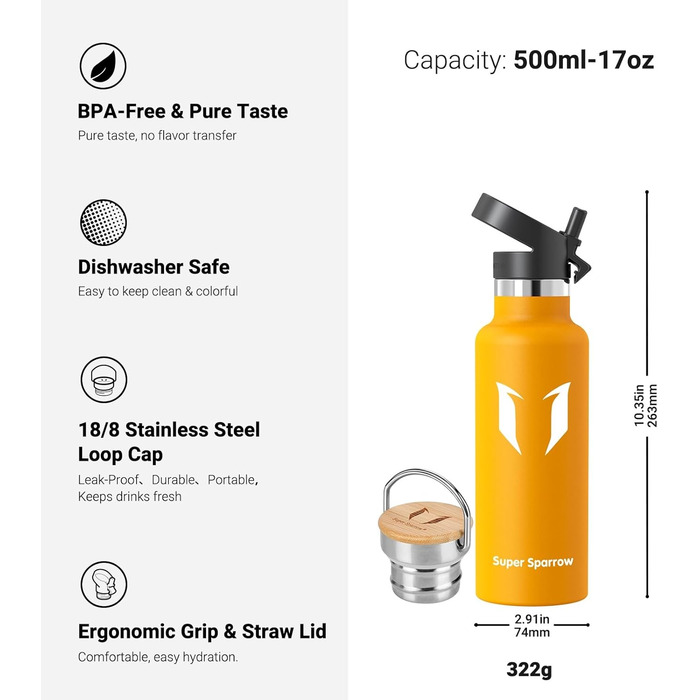 Термос-пляшка Super Sparrow з нержавіючої сталі - 350мл/500мл/620мл/750мл/1л - Без витоку, BPA-Free - Пляшка для води, термопляшка для дітей, для газованої води, спорту, школи, фітнесу - з 2 кришками (500мл, Mango)
