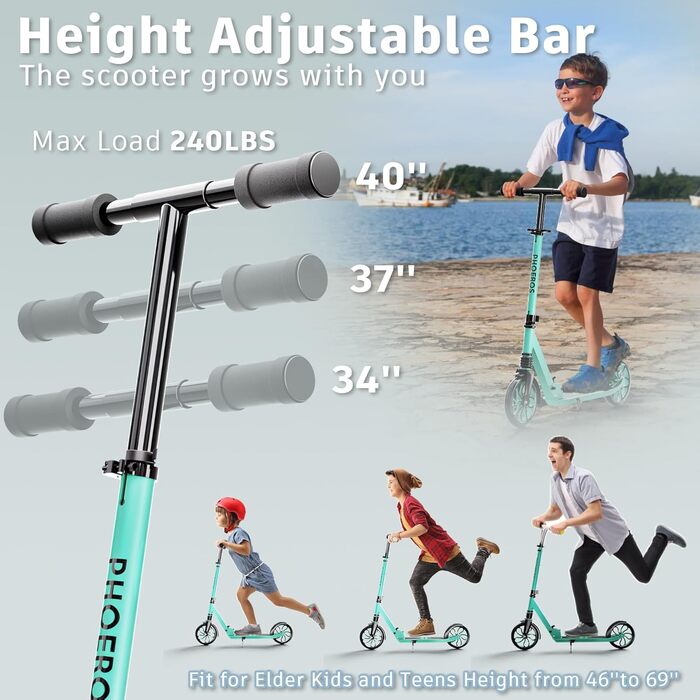 Дитячий трюковий самокат PHOEROS для дітей, підлітків та дорослих. Легкий міський самокат з алюмінію з великими колесами 200 мм, складний, 3-рівнева регулювання висоти, амортизація.