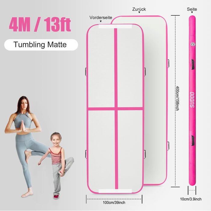 Надувний гімнастичний мат для дому та активного відпочинку 3м/4м/5м, 10см, рожева