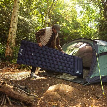 TREKKOUT Ultraleichte Isomatte з подушкою | Легка надувна туристична матрац для кемпінгу, подорожей та відпочинку | З інтегрованою помпою, водонепроникна, для одного спального місця