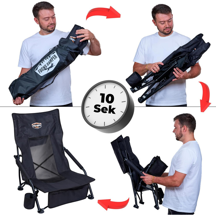 Крісло для кемпінгу Fuchs Camper Strandstuhl – розкладне, з високою спинкою та сіткою, з підстаканником та кишенею, чорне, вантажопідйомність 150 кг