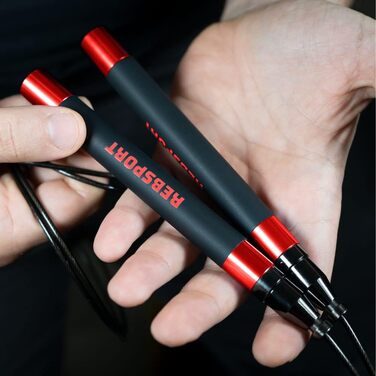 Професійний скакалка для кросфіту та Double Unders, регульована зі сталевим тросом 2.5 мм (червона), комплект з 2 тросами та ручками