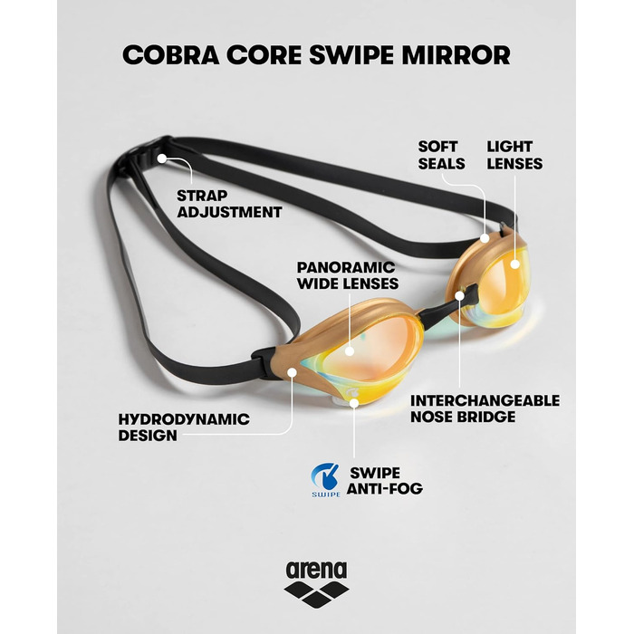 Окуляри для плавання ARENA Cobra Core Swipe Mirror, дзеркальні, унісекс, купер-жовті, для дорослих