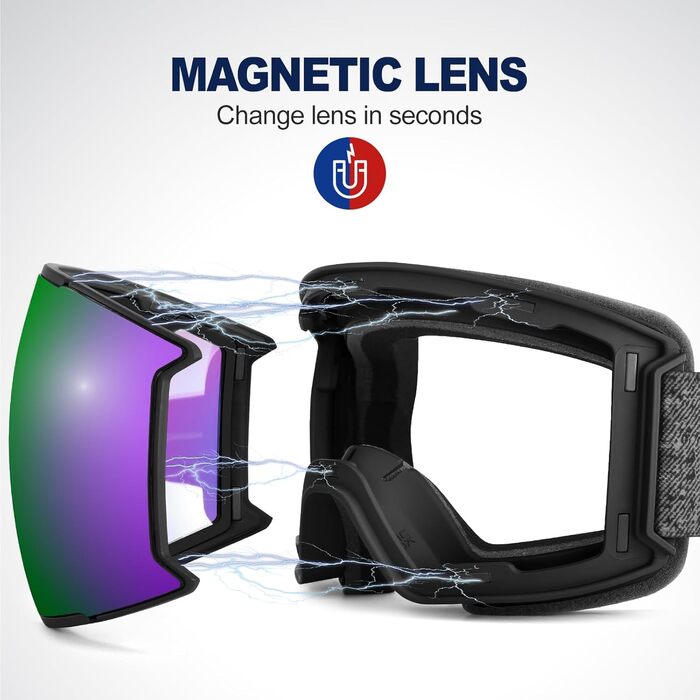Одоланд Скі-маска сноуборд маска для жінок та чоловіків з 2 магнітними змінними лінзами та чохлом, проти запотівання, захист від УФ, сумісна зі шоломом для хлопчиків та жінок, чоловіків для сноубордингу та катання на лижах (Зелений (VLT 13%))