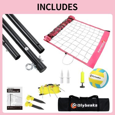 Набір для волейболу на відкритому повітрі: портативна сітка, м'яч PU, насос, сумка та міцна сітка (32 фути, рожевий)