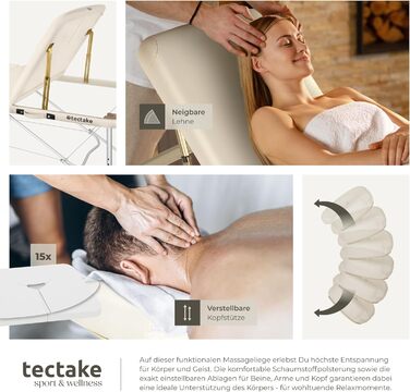 Масажний стіл Tectake 3 зони, складаний, регульована висота, з аксесуарами (головна підтримка, підлокітники, сумка) - Бежевий
