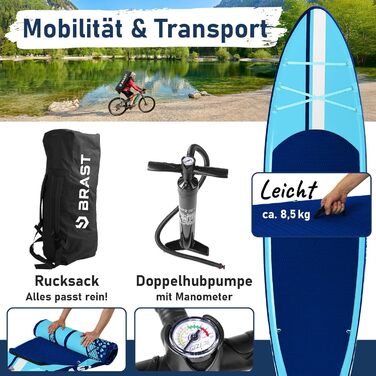 SUP Board BRAST Shark надувний, 320x81x15 см, блакитний: комплект для падлбордингу з аксесуарами (каяк-сидіння, камера, помпа, рюкзак)