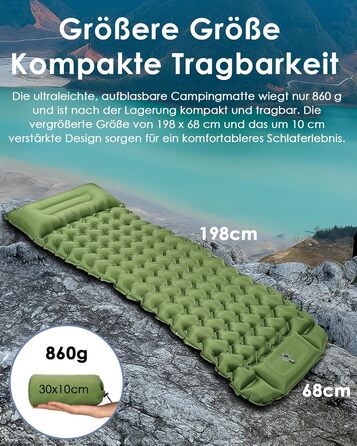 Quirlig Саморозгортальний килимок для кемпінгу з подушкою, 68x198 см, зелений