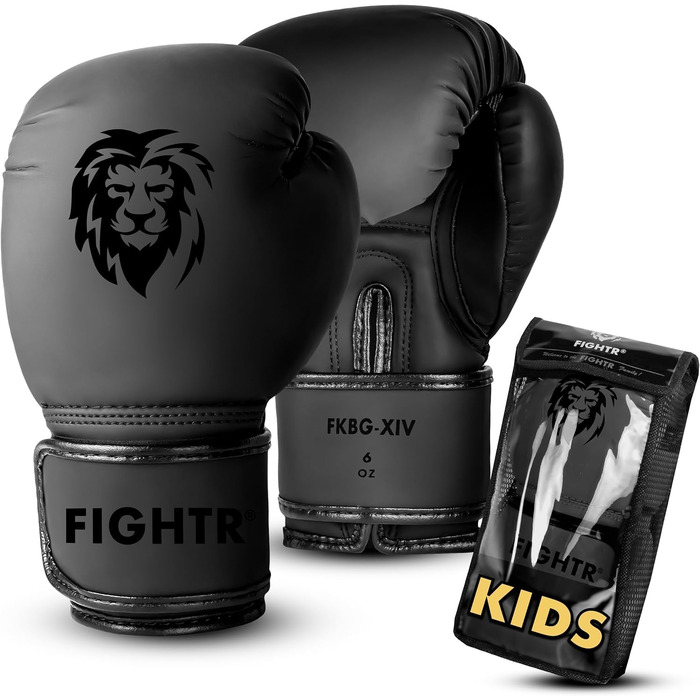 Дитячі боксерські рукавички FIGHTR для дітей та підлітків (4-6 oz) для боксу, MMA, кікбоксингу та тайського боксу, All Black, з сумкою для перенесення