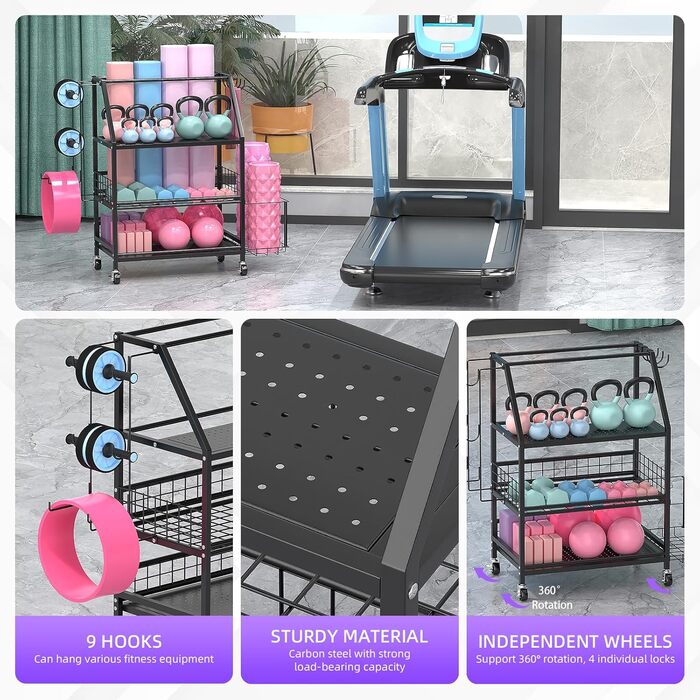 Стійка для гантелей та гир, домашній спортзал, чорна. З гачками та коліщатками. Підходить для гантелей, гир, йога-матів та роликів.
