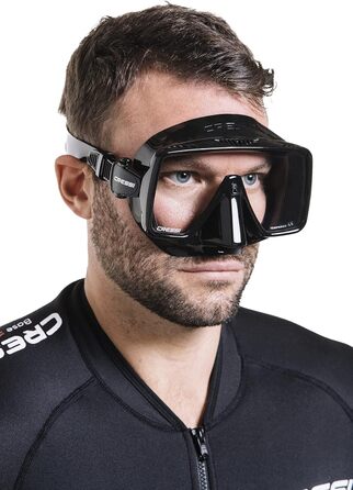 Маска для снорклінгу Cressi SF1 Quadratische з сухим сноркелем - Чорна/380 UV Блакитне скло-Помаранчевий