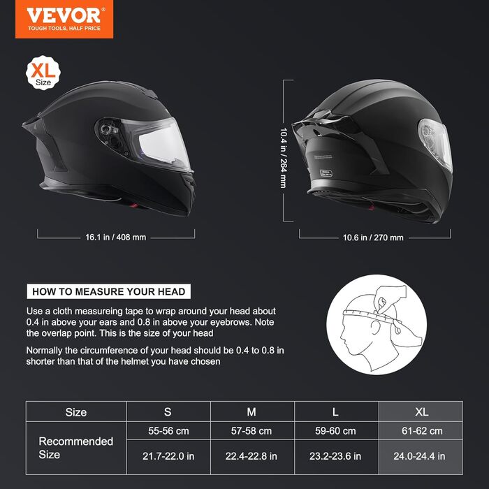 Мотоциклетний інтегральний шолом VEVOR з Bluetooth, змінним склом, DOT, чорний, XL, для дорослих та підлітків